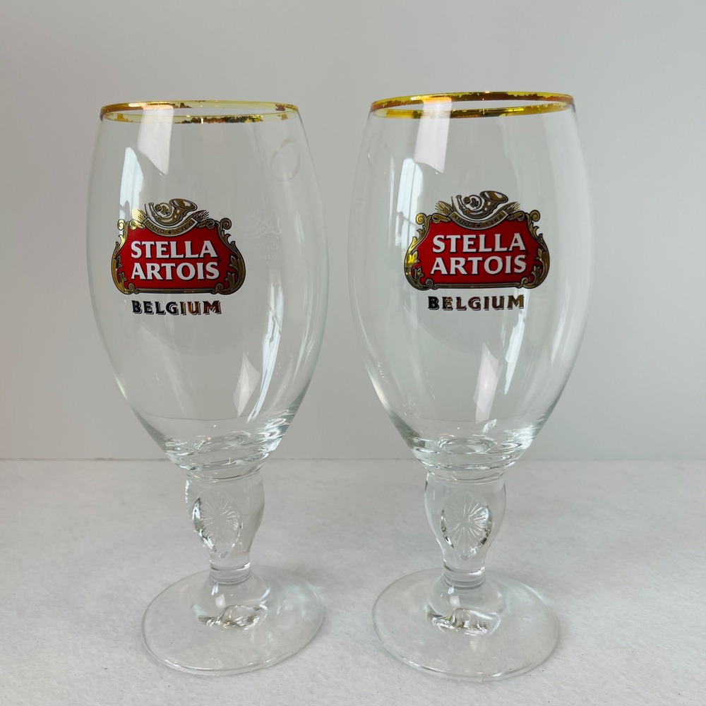 Stella Artois Belgium‎ Gold Rim Beer Chalice Glasses Set of 2 Stemmed 7.5 Inch